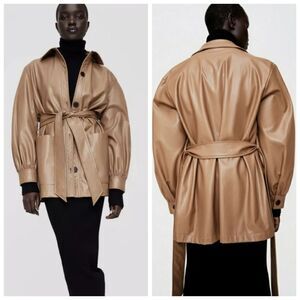 Zara Faux Leather Camel Short Trench Coat Medium Woman